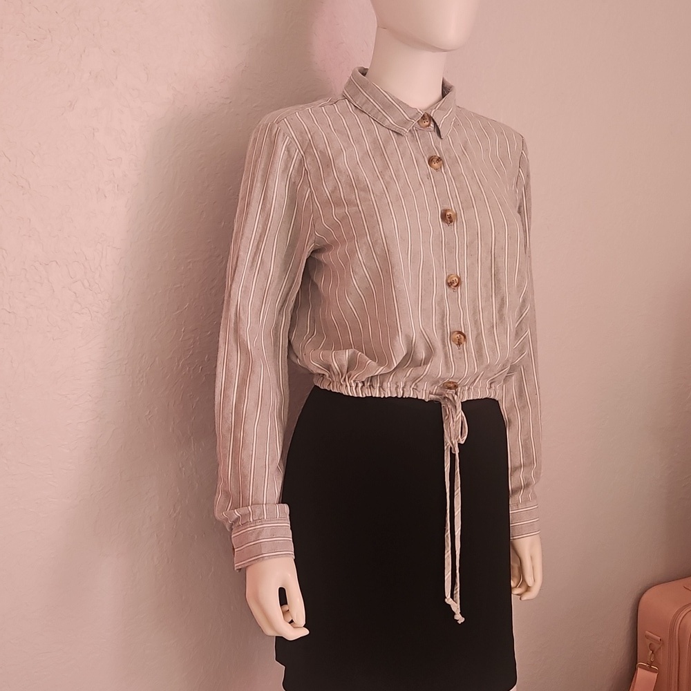 TIMING Sage Striped Drawstring Waist Button Down Long Sleeve Shirt - Picture 2 of 7